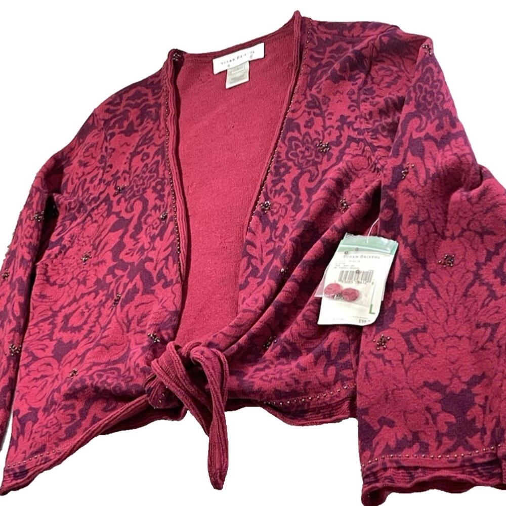 New+Tags Vtg 90s Y2K Susan Bristol Beaded Red Cardigan Sweater LG Bow Tie Front